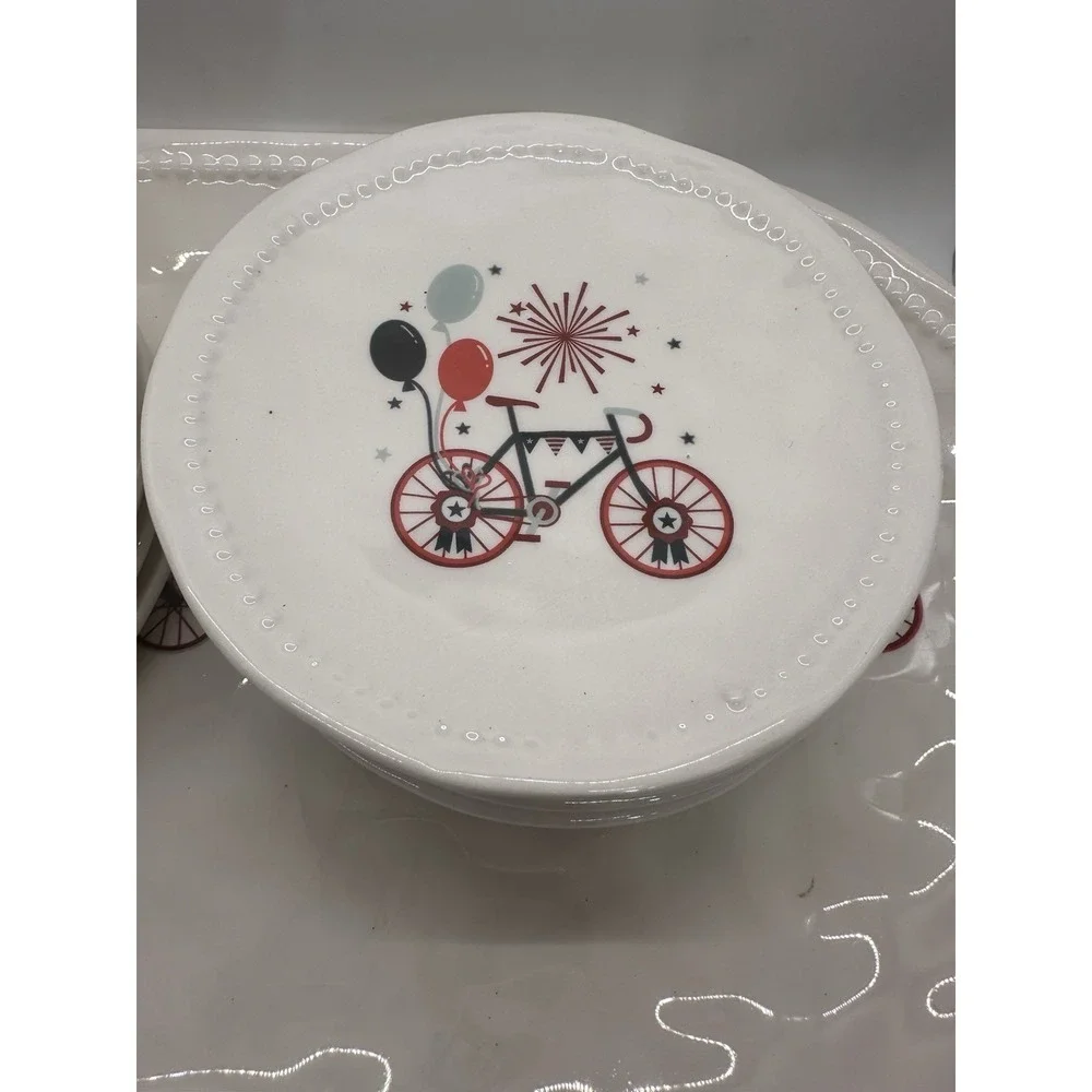 Envogue Home Patriotic Ceramic Bicycle Platter & 8 Appetizer Plates 9 Pc Set USA